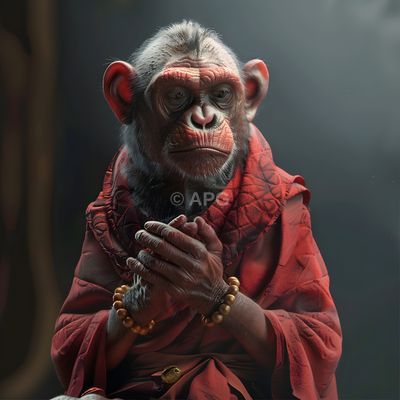 Affe in roter Mönchsrobe (KI-generiert)